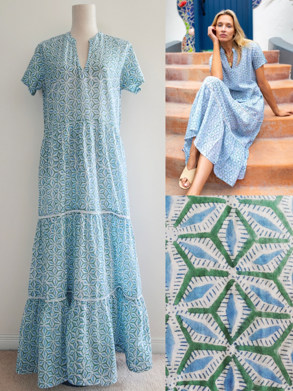 Like New Marea Blue and Green Geometric Print Tiered Maxi Dress
